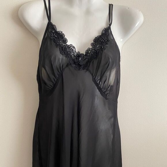 Vintage Dentelle Black Slip Dress | Sheer Sexy Nightie w/ Beaded Bodice - Picture 2 of 5